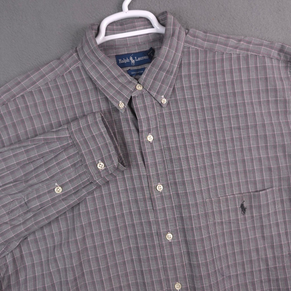 Ralph Lauren Mens 2XLT Tall Gray Plaid Long Sleeve Button Down Cotton Shirt